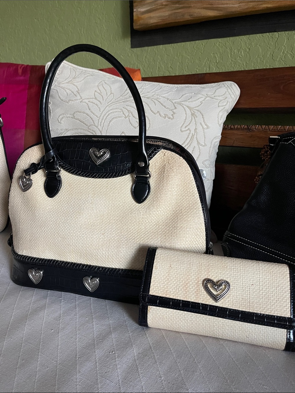Brighton Cream and Black Satchel with Matching Wallet